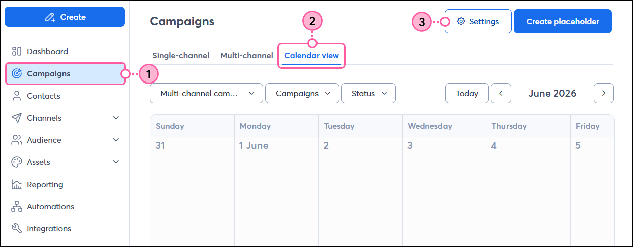 Left navigation, Campaigns tab selected, Campaigns page with Calendar View tab selected, and Settings Button