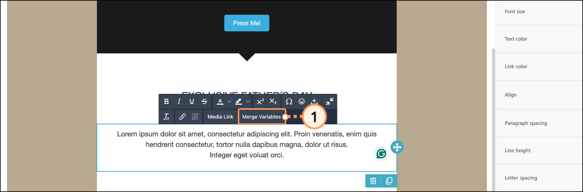 Merge variable button in the textbox editor toolbar