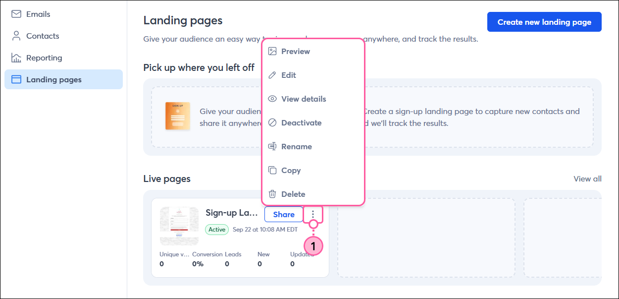 Landing Pages page, Live page with More drop-down options