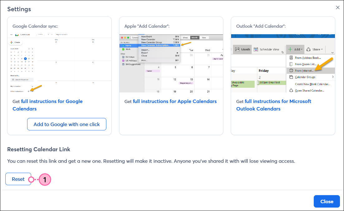 Calendar Settings overlay, Resetting Calendar Link section, and Reset button