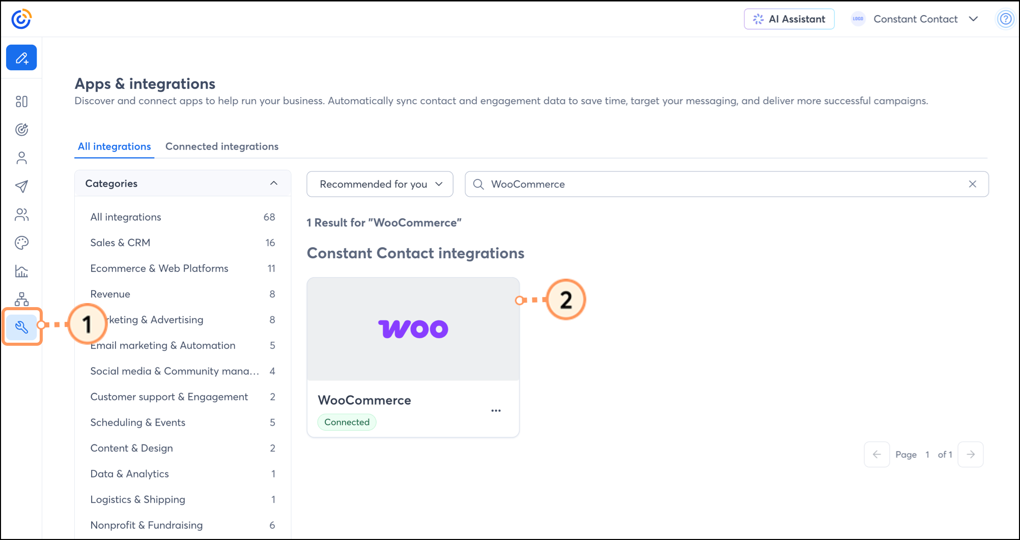 WooCommerce card in the Integrations section