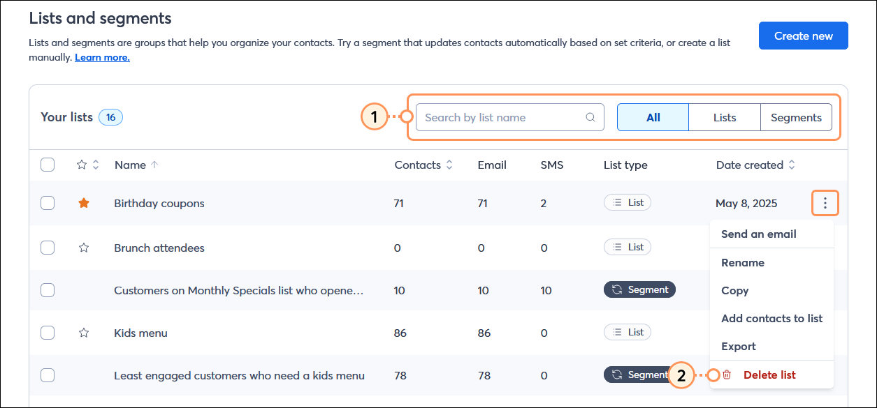 Lists and segments page with Your lists table, Search field and list type options, and list with menu expanded and Delete list option selected