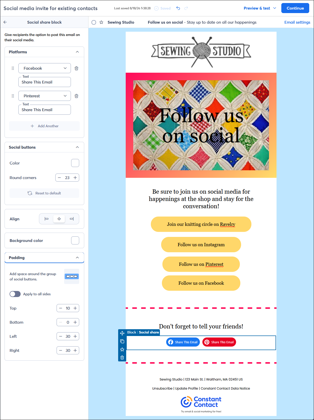 Email editor with a Social share block and the Social share block menu expanded with platform, button, alignment, background color, and padding options