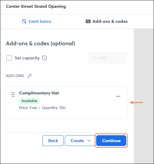 Ticketless Event Add-On Created Continue Button