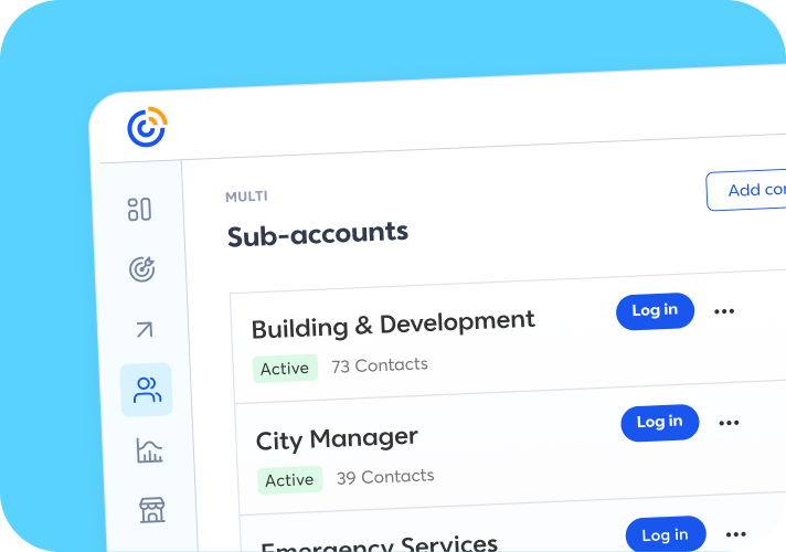 Multi sub-accounts dashboard with Building & Development and City Manager
