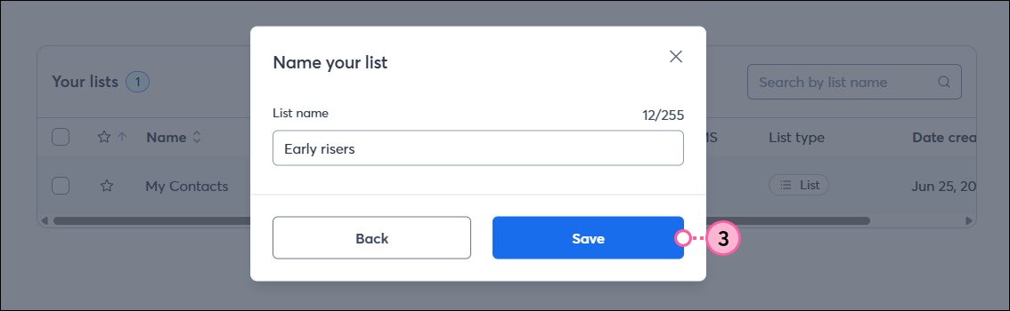 Name Your List pop-up with List Name field and Save button