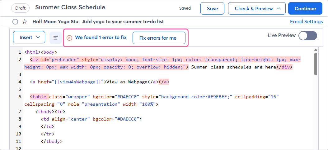 Custom code email editor with error message and Fix errors for me button