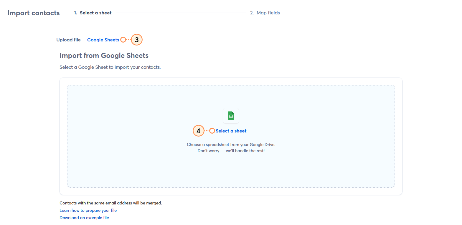 Import contacts page with Google sheets tab selected and Select a sheet option.