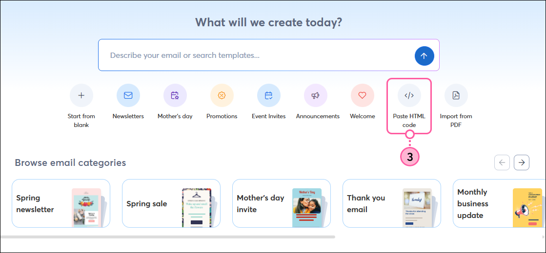 Email template picker with Paste HTML Code option