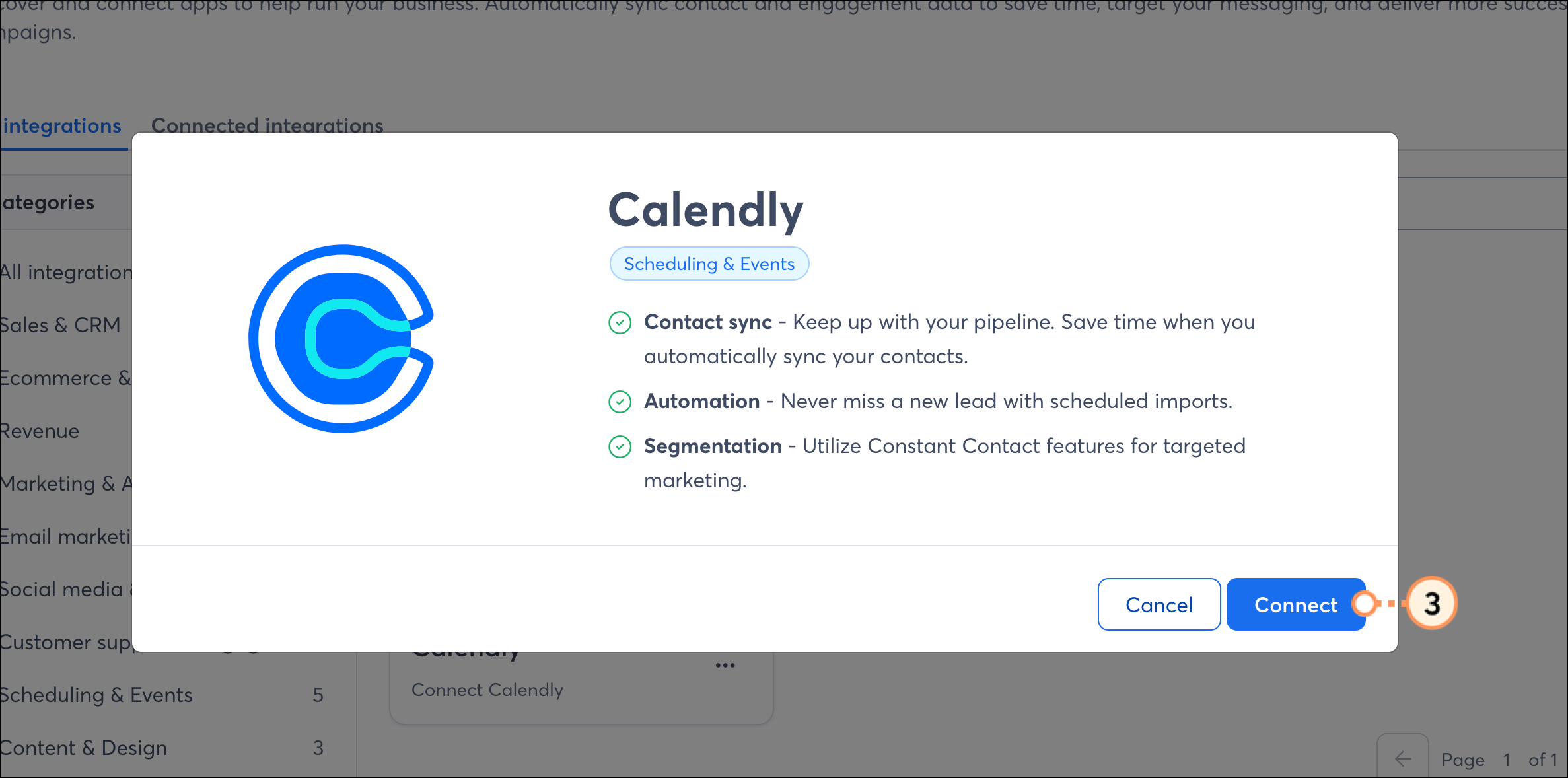 Blue Connect button on Calendly overview popup
