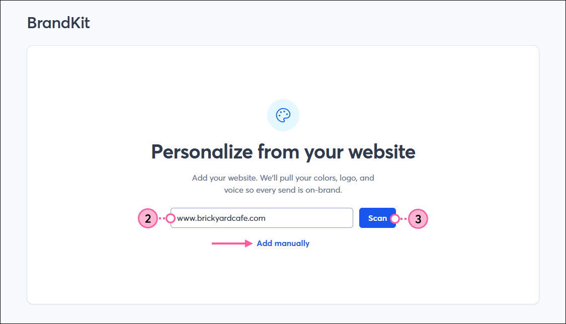 BrandKit page with website URL field, Save button, and Add Manually link