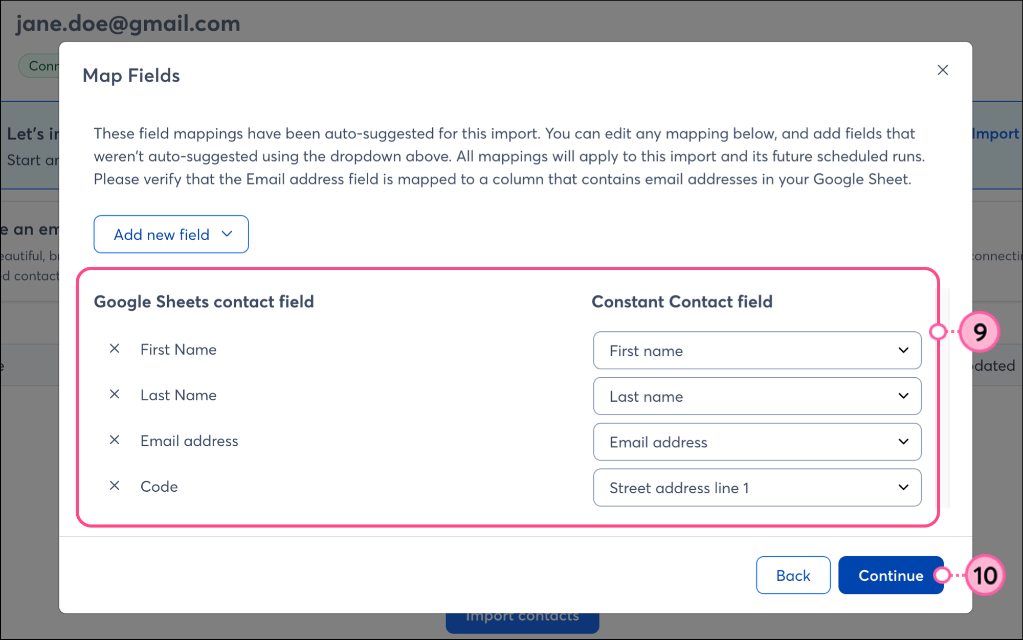 Map Google Sheets integrations fields and click Continue