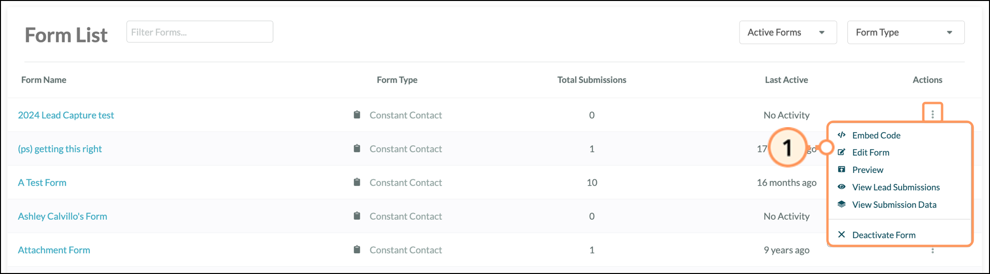 Expanded Form List Actions menu Expanded Form List Actions menu
