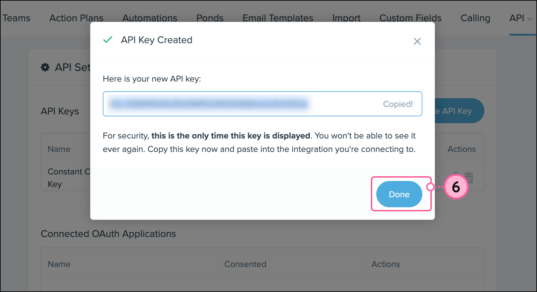 API Key field and blue Done button