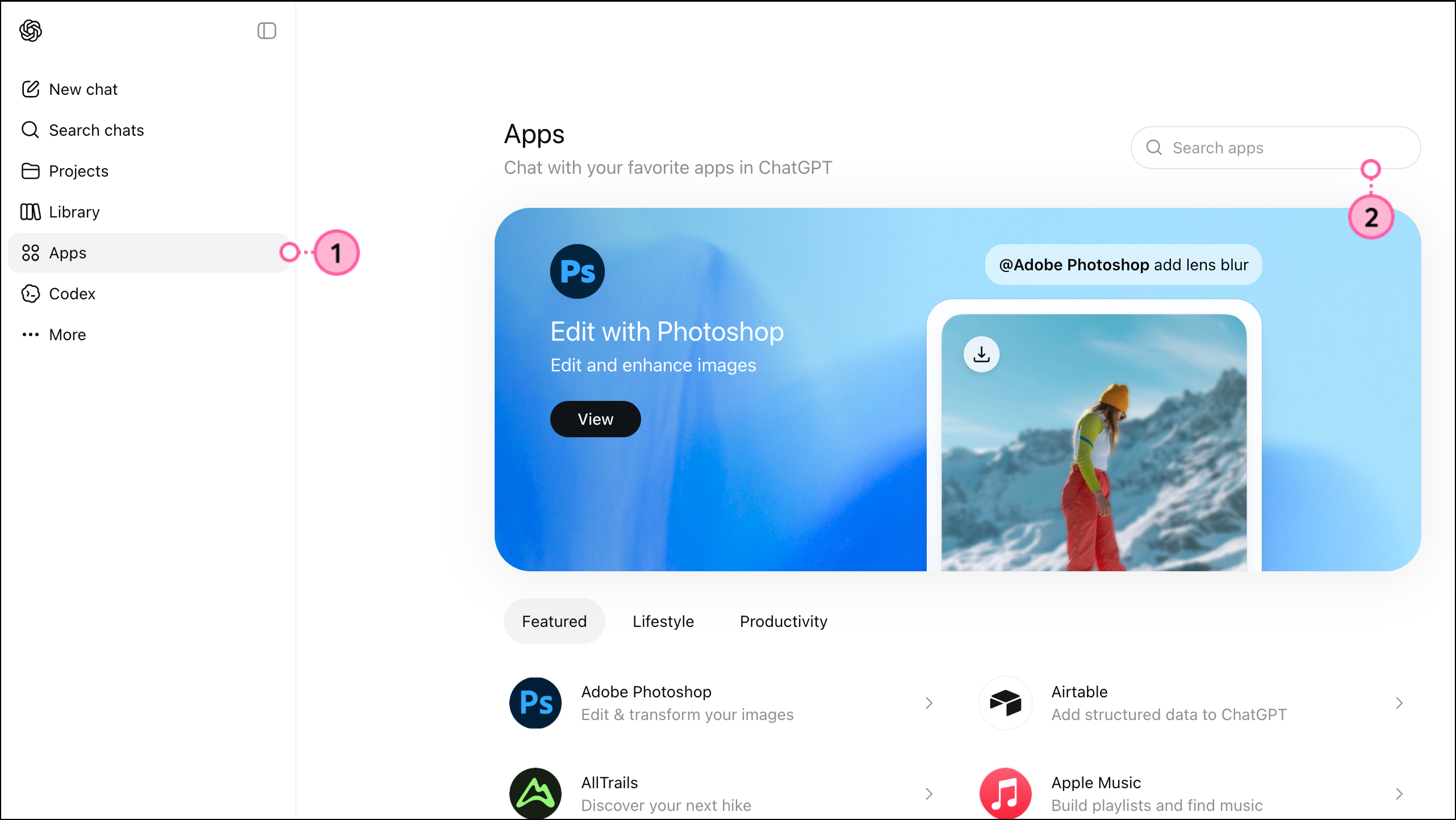 Apps button in left side menu