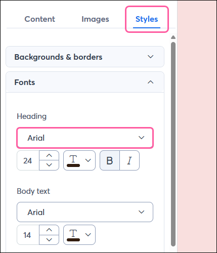Email editor with Styles tab and Font options