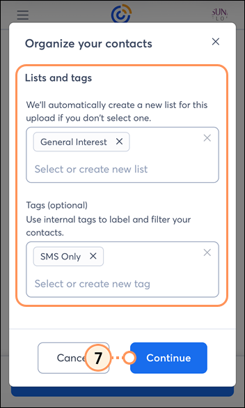 Mobile web Organize your contacts overlay with List field with list selected, Tags field with tag selected, and Save button