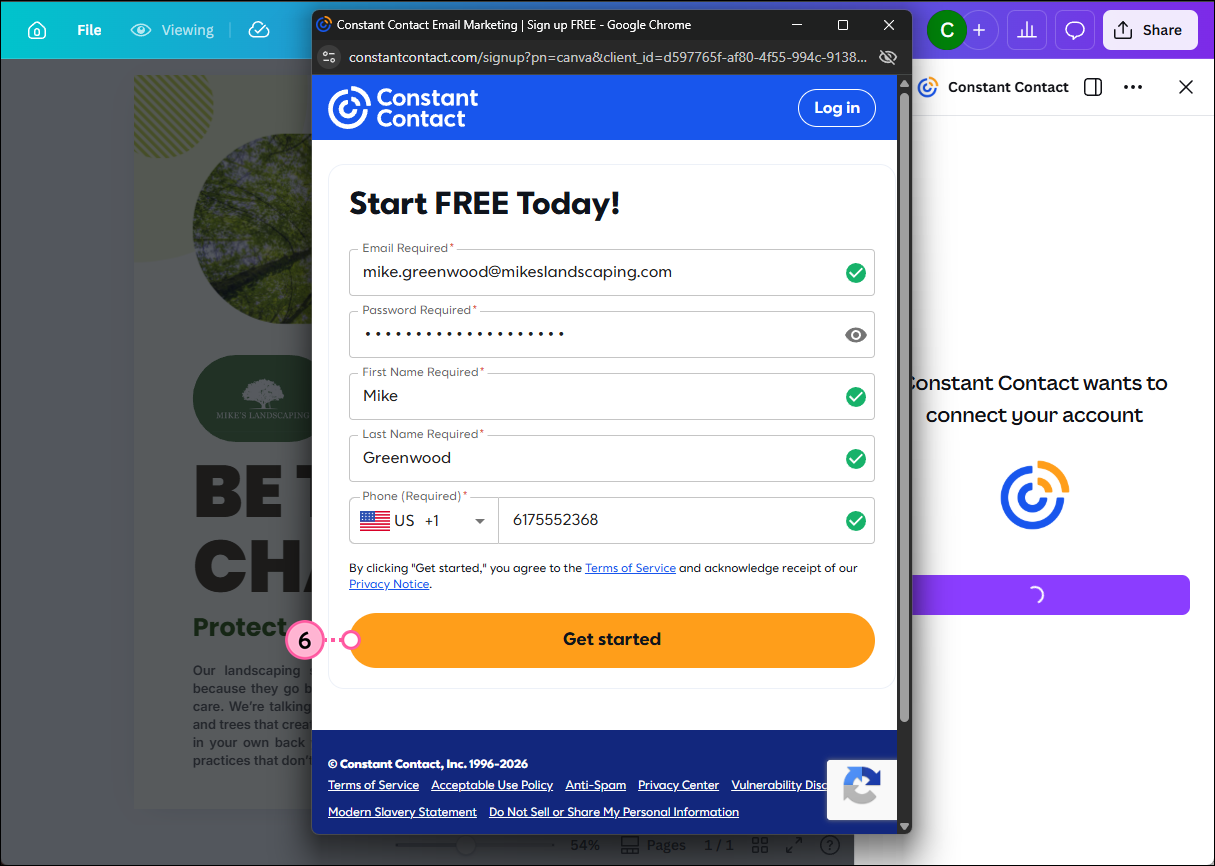 Canva social post with Constant Contact account sign-up form and Get started button