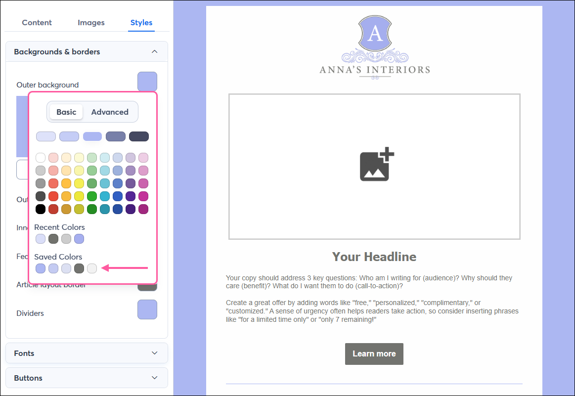 Email editor with Styles tab selected and Backgrounds & borders section expanded, background and border options and color palette visible with Basic tab selected and Saved Colors options