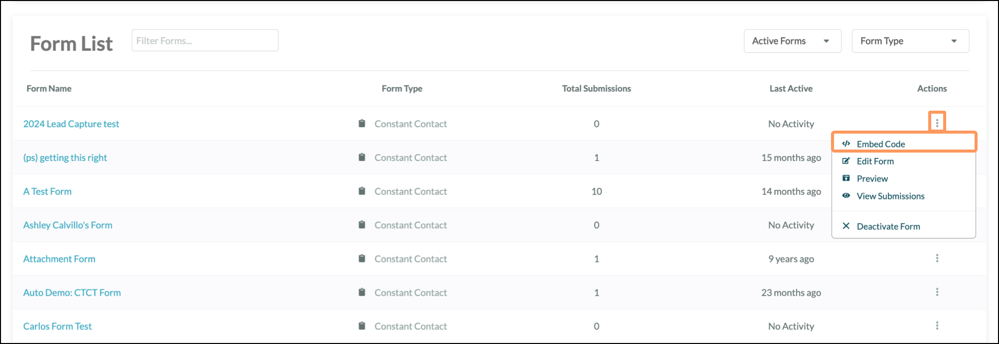 Embed Code section under the three dots menu under the Actions column of the form list