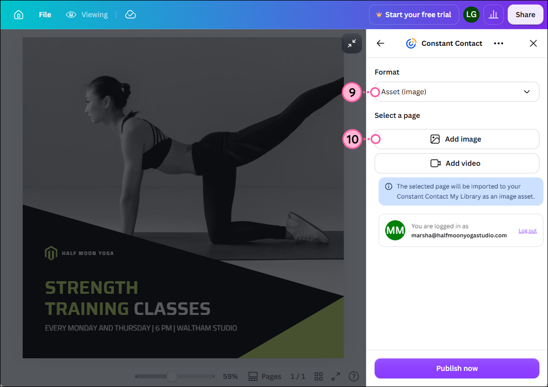 Canva design Share to Constant Contact, Format drop-down with Asset Image option selected, and Add Image button