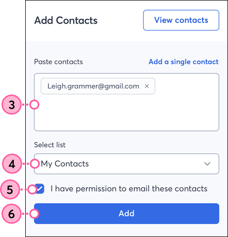Constant Contact on mobile web browser, Paste contact email address, Select List drop-down, permission checkbox, and Add button
