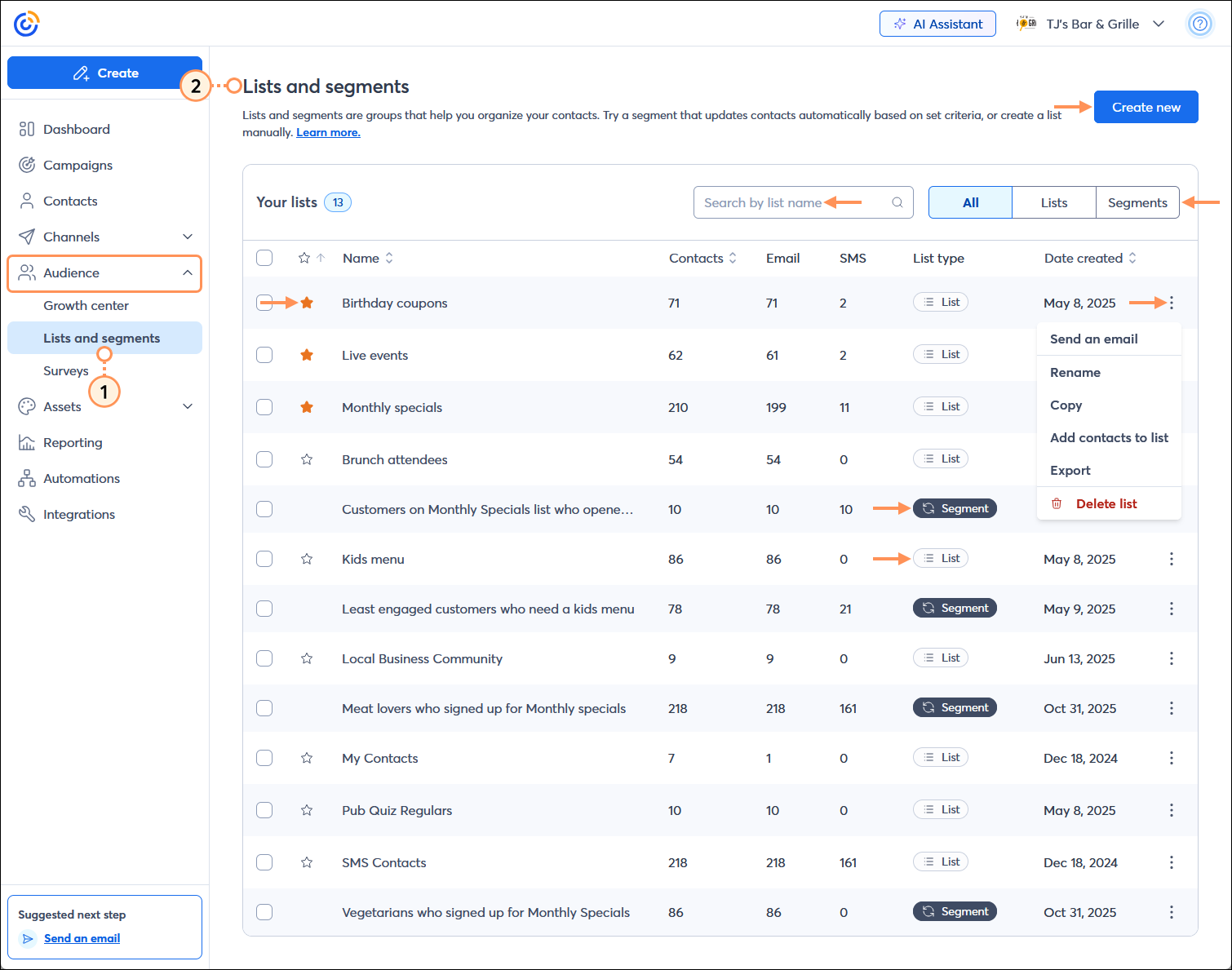 Lists and segments page wtih Create new button, Search by list name field, List type drop-down menu, Favorite option, List and Segment identifiers, and List with menu expanded and Send an email, Rename, Copy, Add contacts to list, Export, and Delete list options