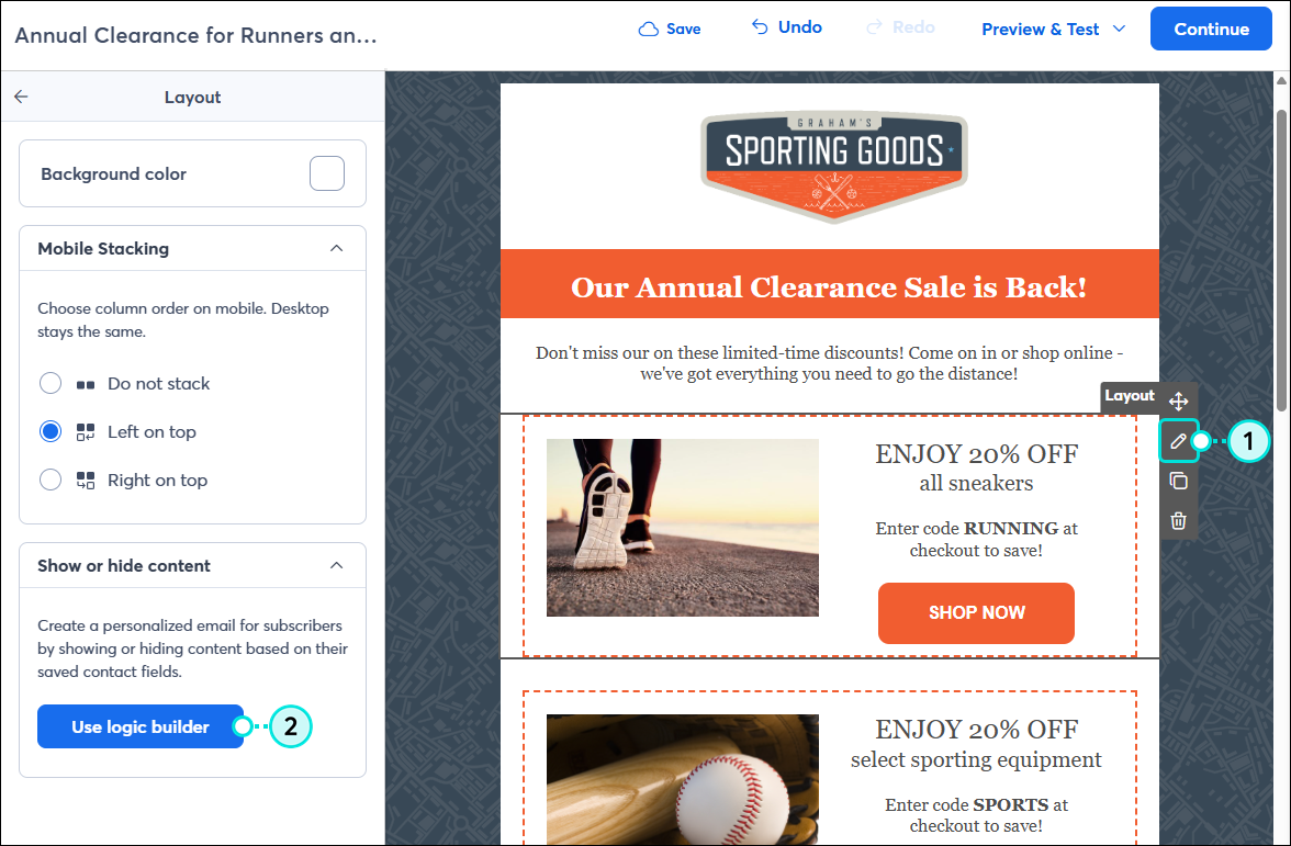 Layout controls with Pencil icon, and Layout Panel with Use Logic Builder button
