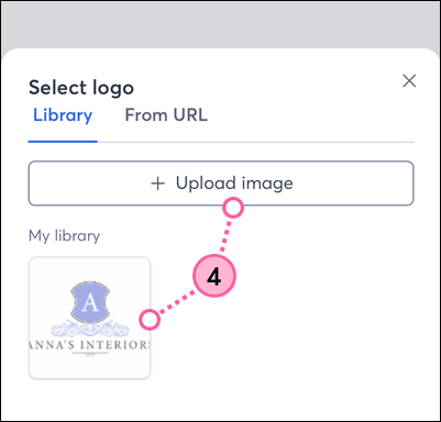 Select logo screen with Library photos and Upload Image button