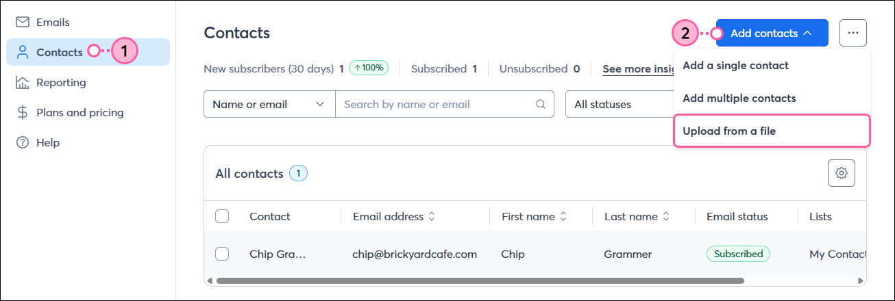 Left navigation with Contacts tab selected, Add Contacts button, and Upload from File drop-down option