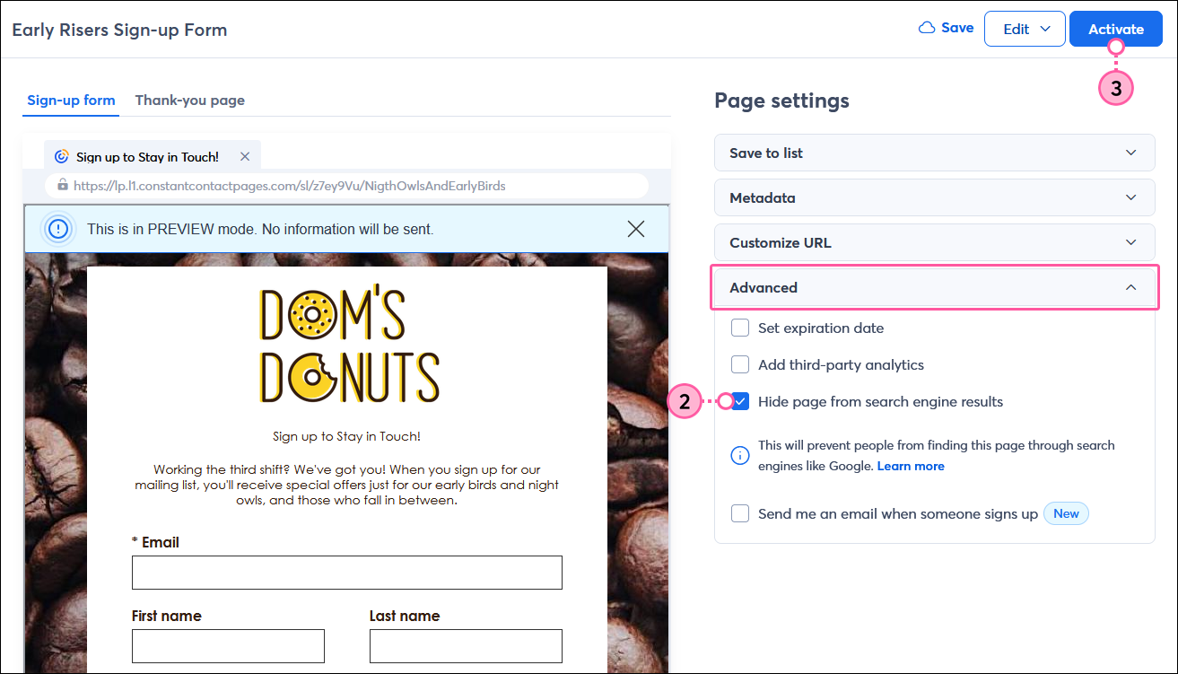 Sign-up Landing Page Page settings with Advanced section expanded and Hide page from search engine results option selected