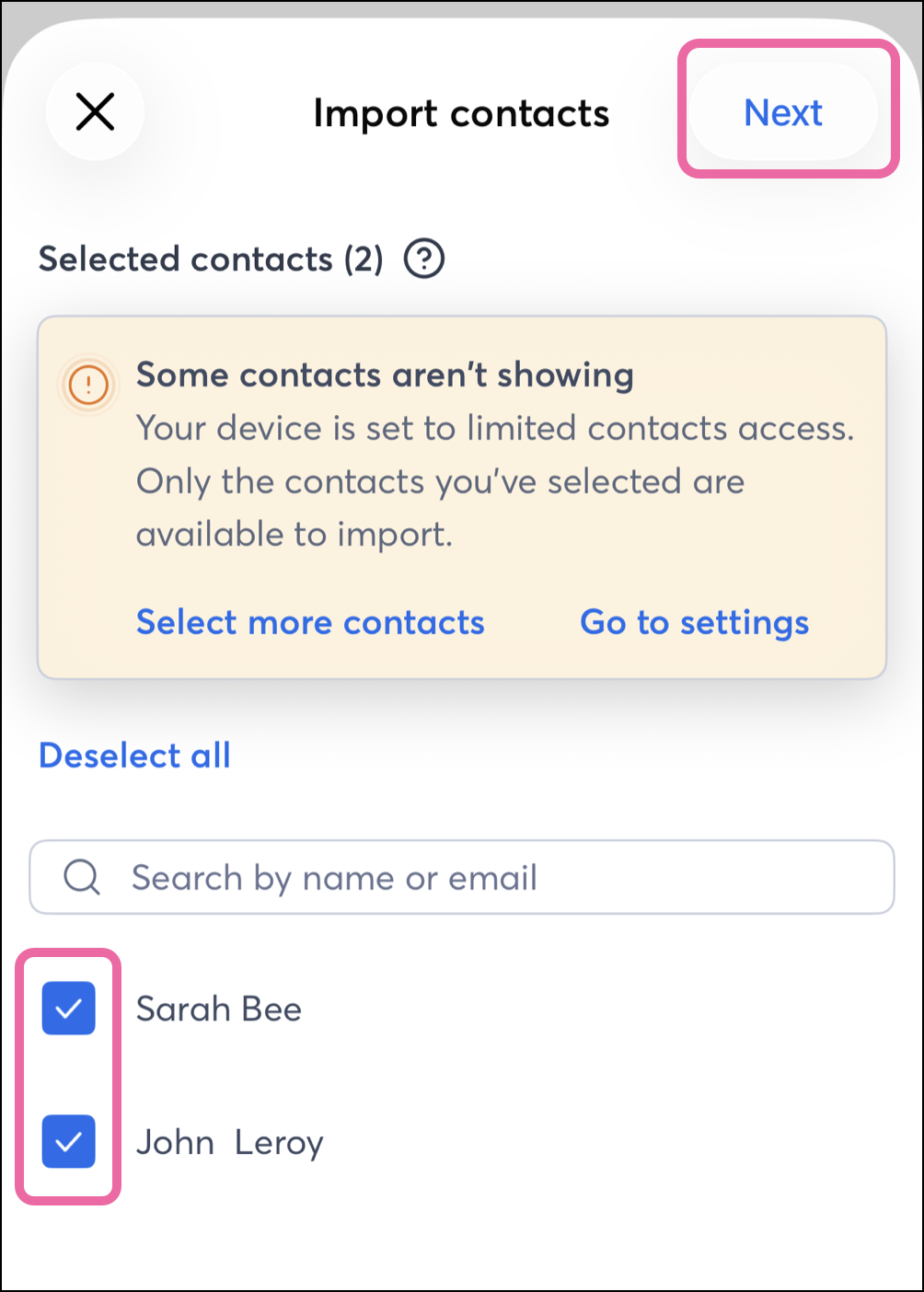 Select contacts to import