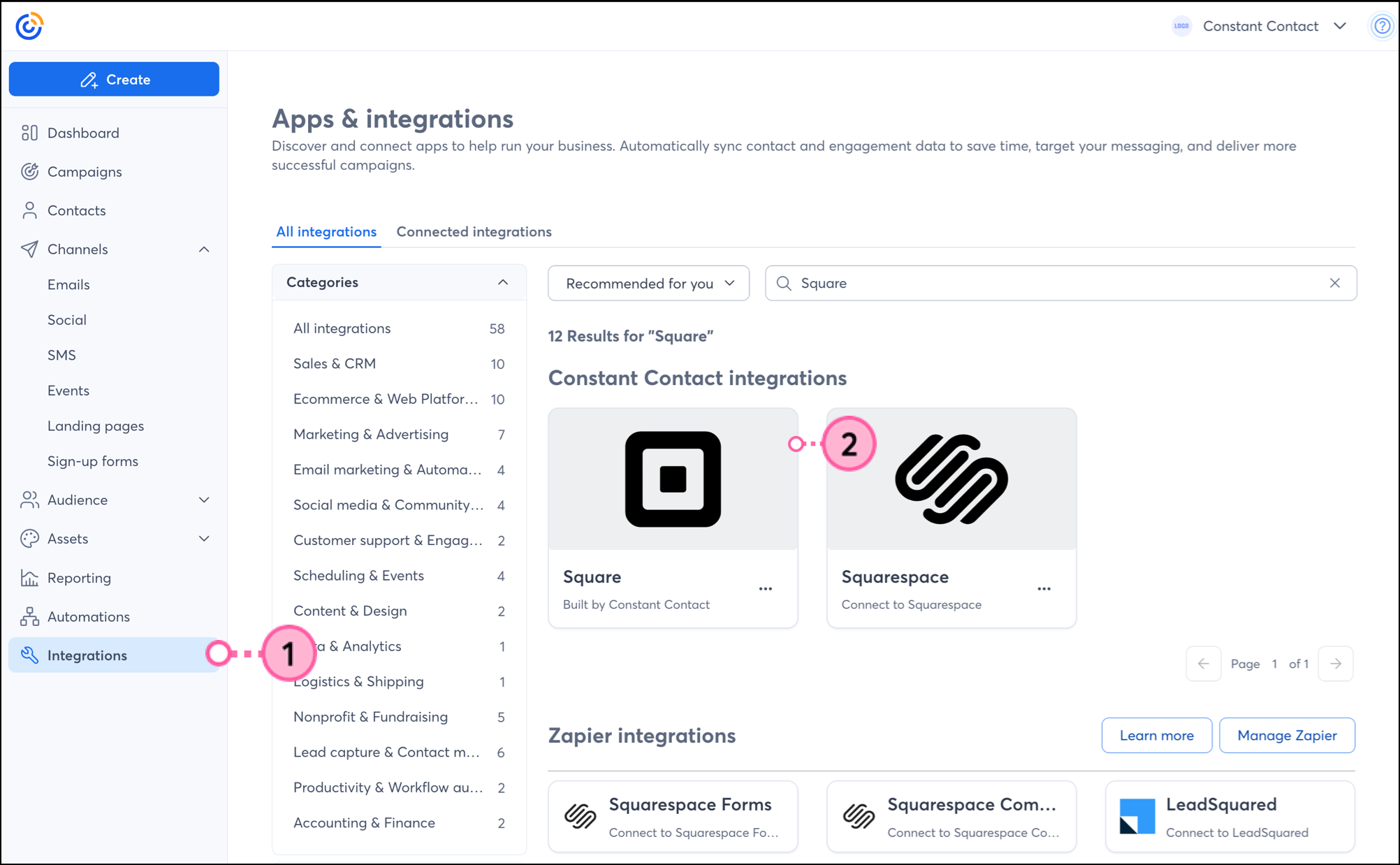Square integration card in the Integrations section