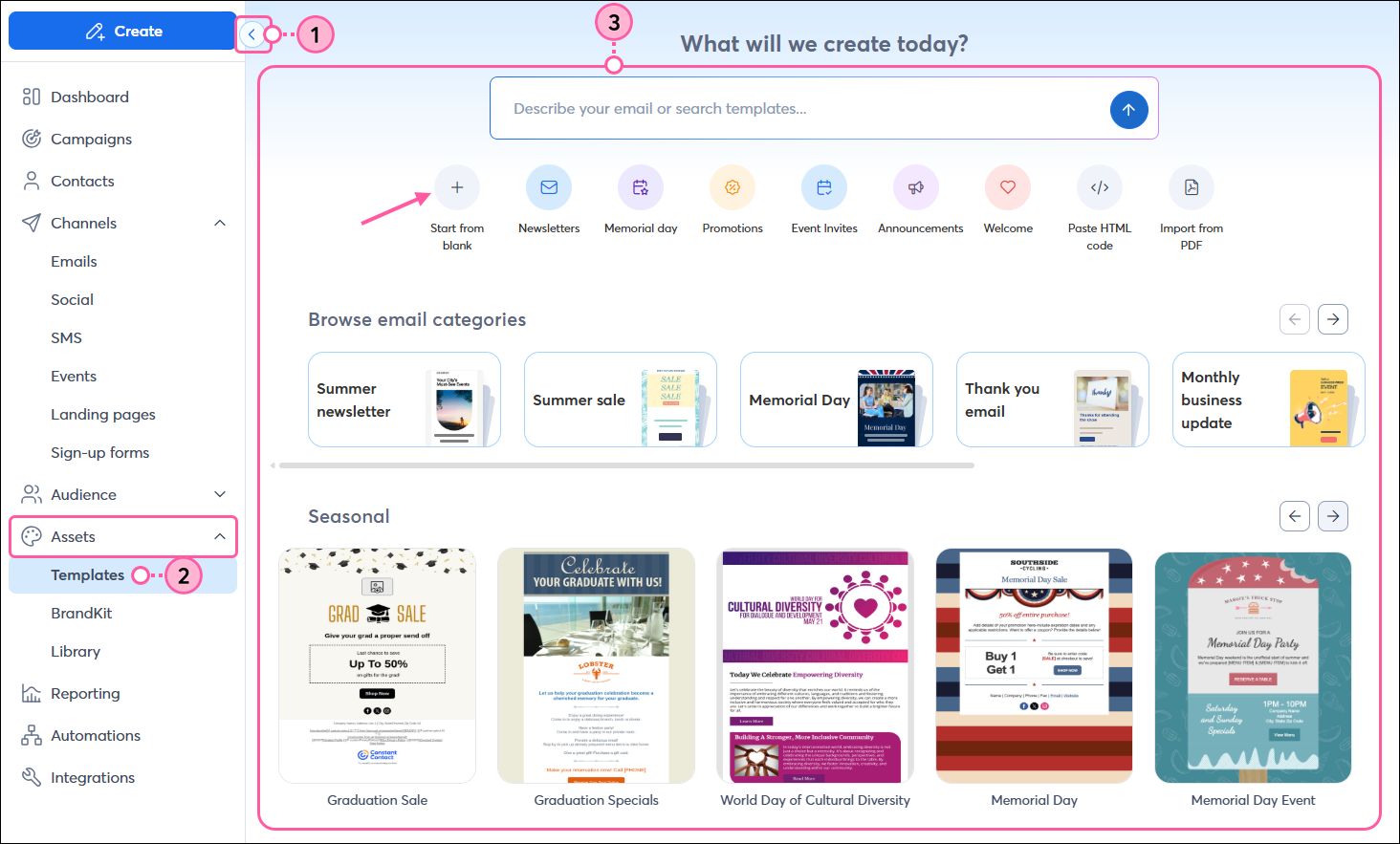 Arrow to expand left navigation, Assets category expanded, Templates page selected, and Template page with Start from Blank option