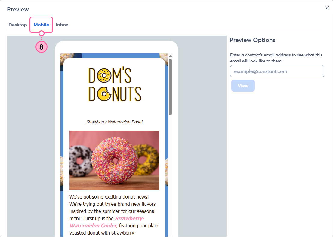Preview overlay, Mobile tab, and email content with spacer over caption, and text