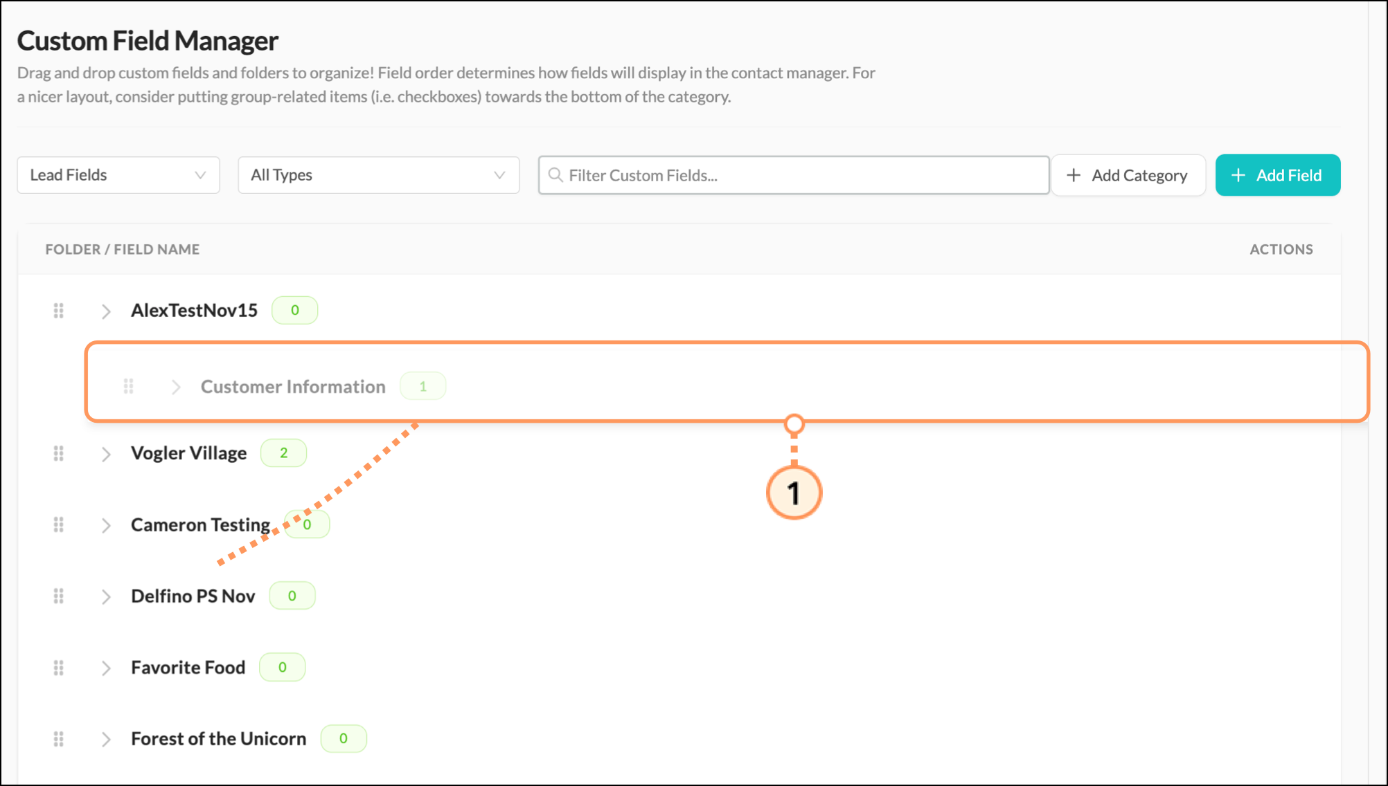 Custom field dragged up in the list of custom fields