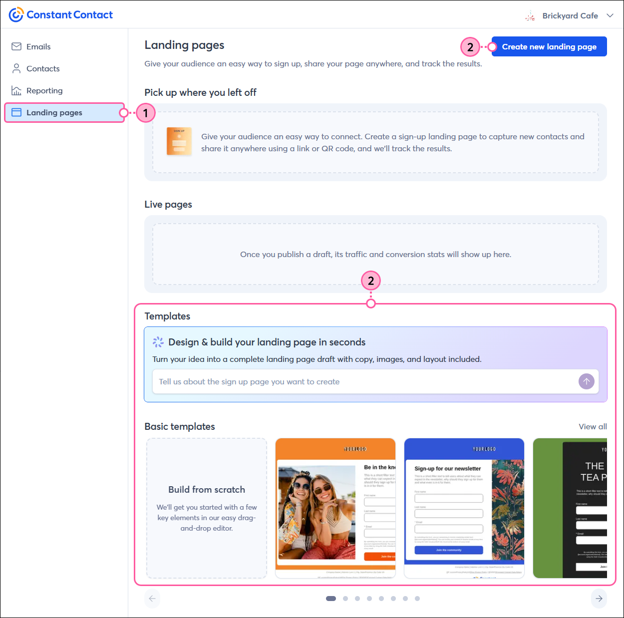 Left navigation with Landing Pages option selected, Create a Landing Page button, and Template options