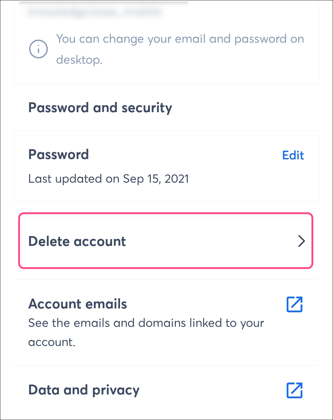Delete account button in the Profile menu
