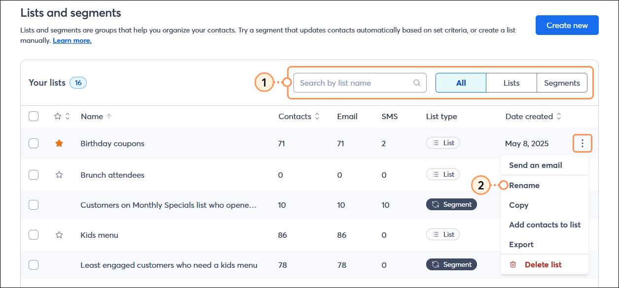 Lists and segments page with Search field and list type options, Your lists table and list with menu expanded, and Rename option selected