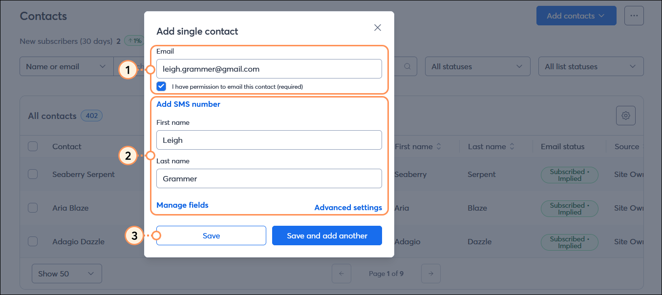 Add single contact overlay with email address field and permission option, Add SMS number option, First name field, Last name field, Manage fields option, Advanced settings option, and Save and Save and add another buttons