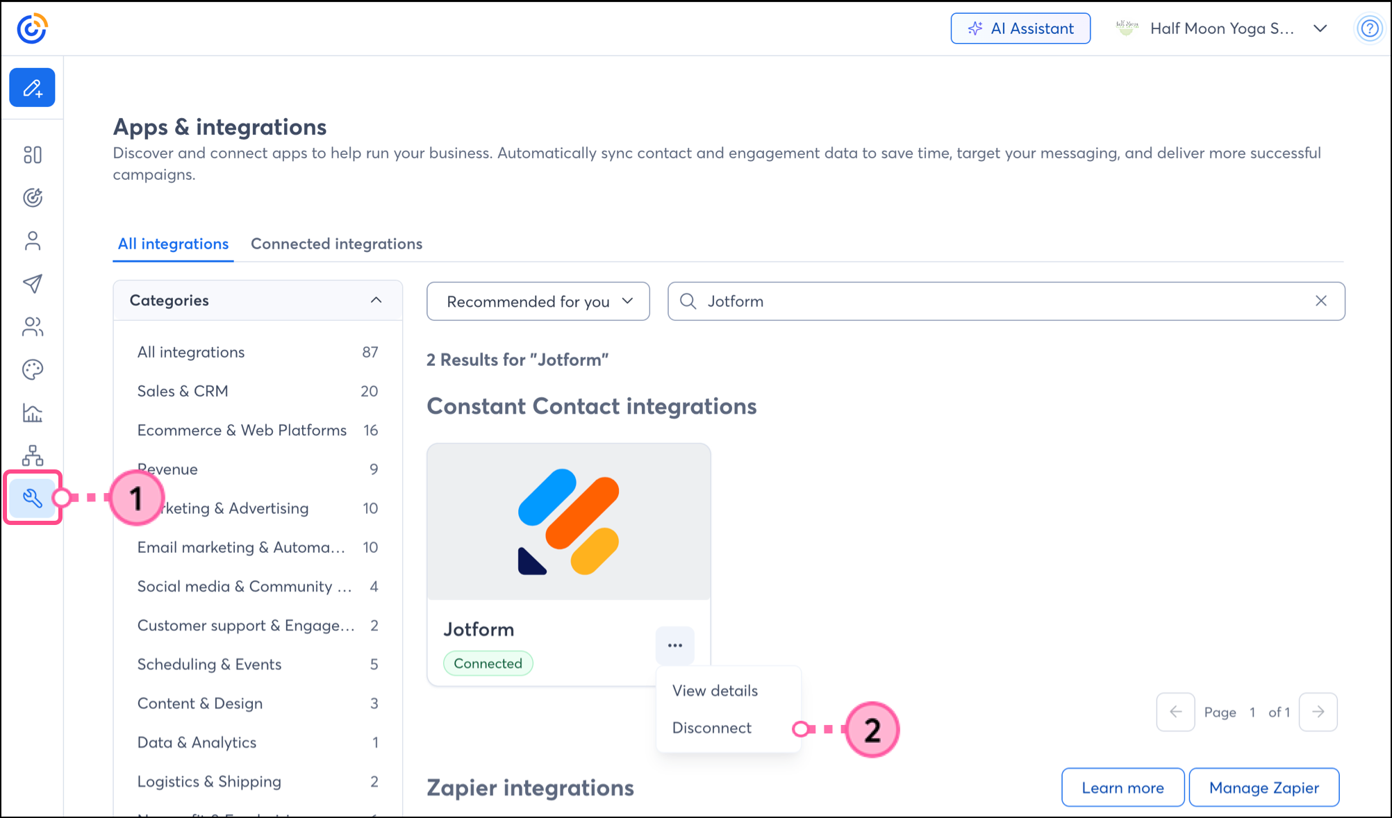Disconnect button on the expanded three-dots menu of the Jotform integrations card in the Integrations section