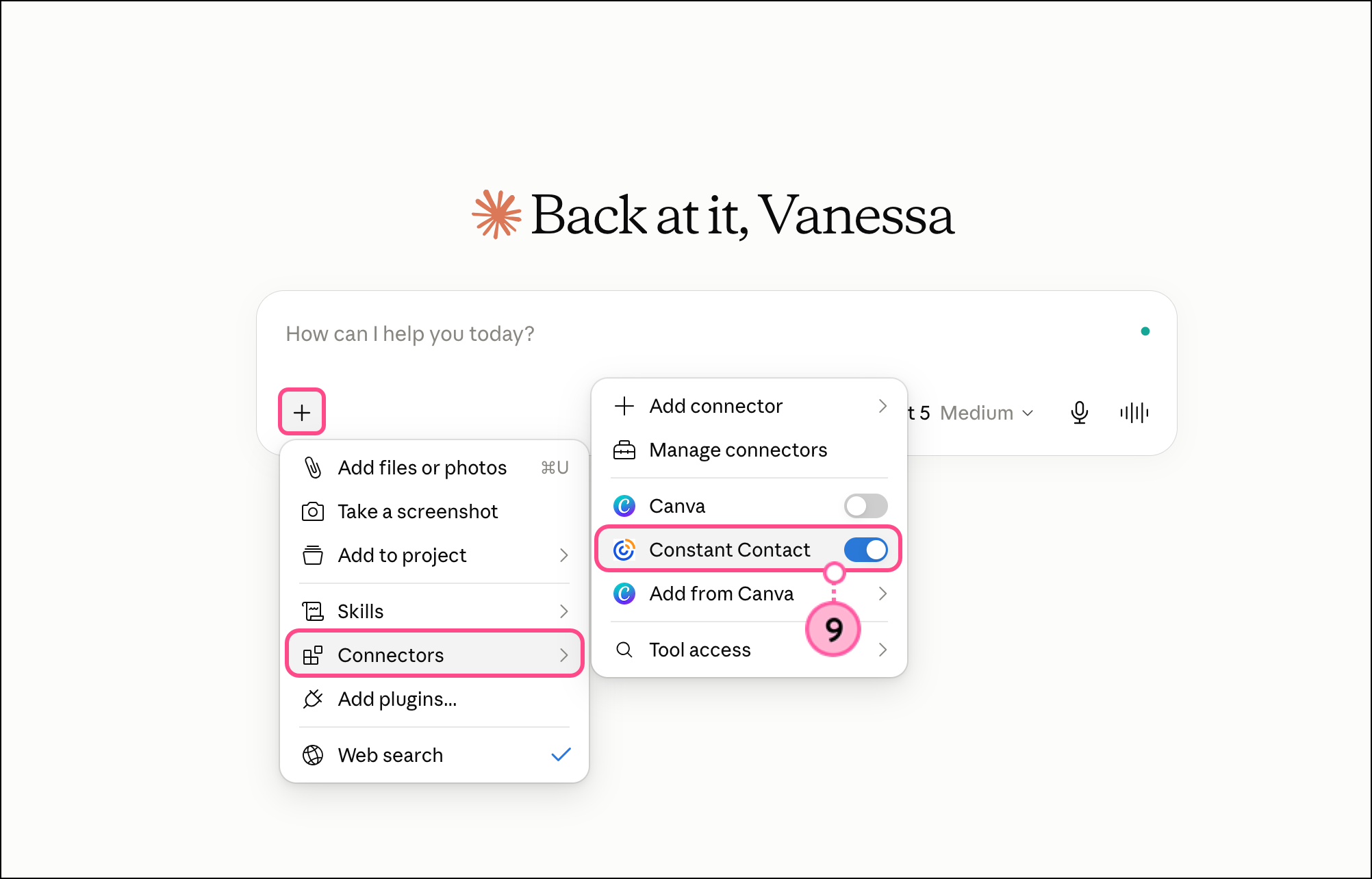 Toggled on Constant Contact connector in the expanded Connectors menu