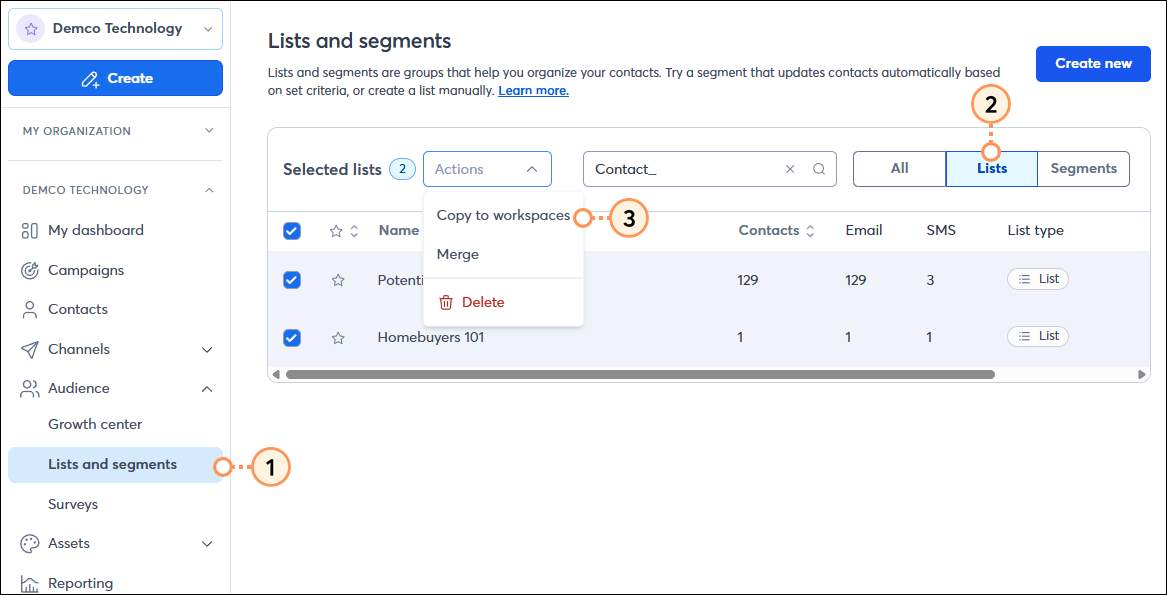 Lists and Segments Page Lists selected Actions dropdown Copy to Subaccounts option