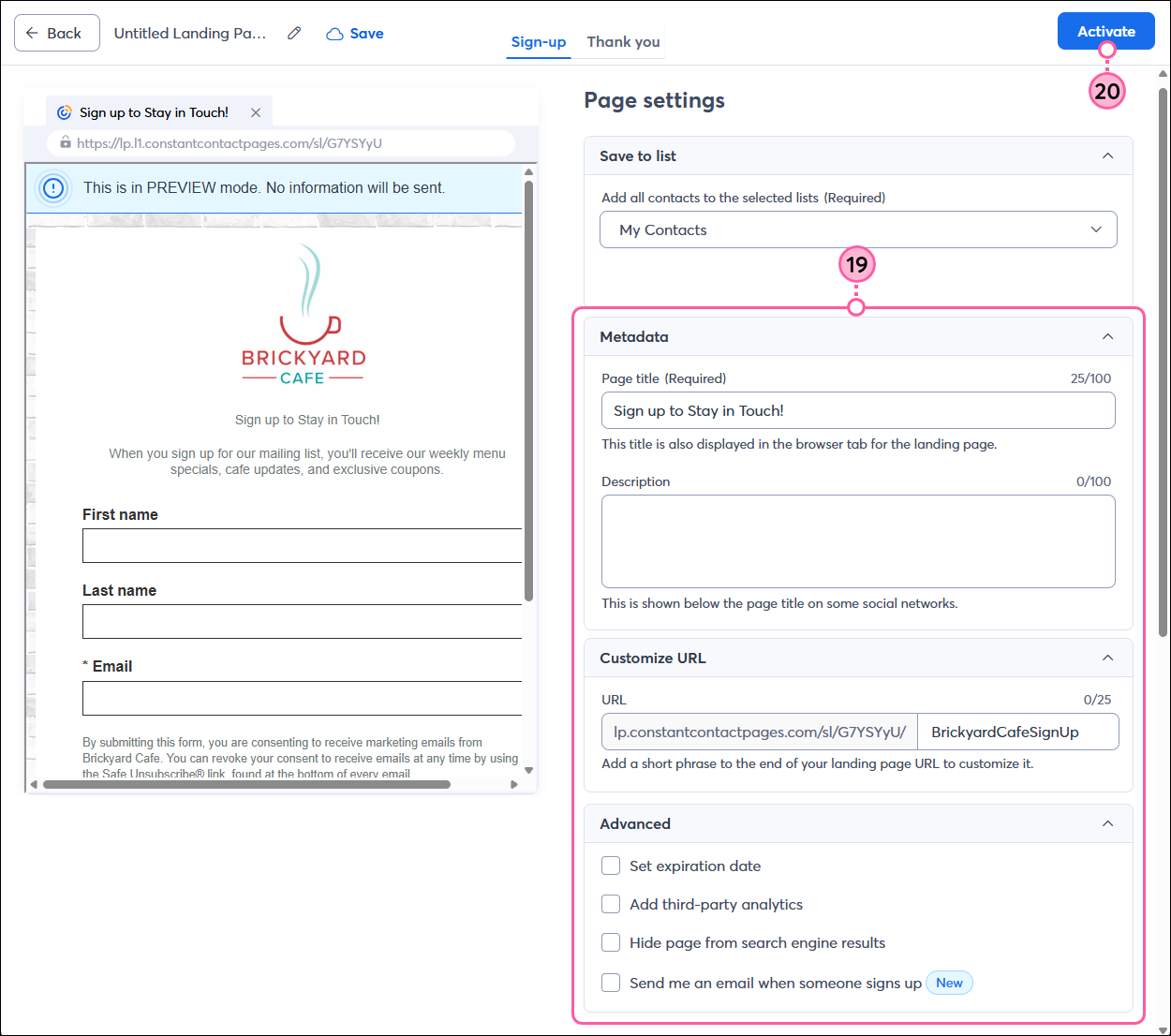 Landing Page settings options and Activate button