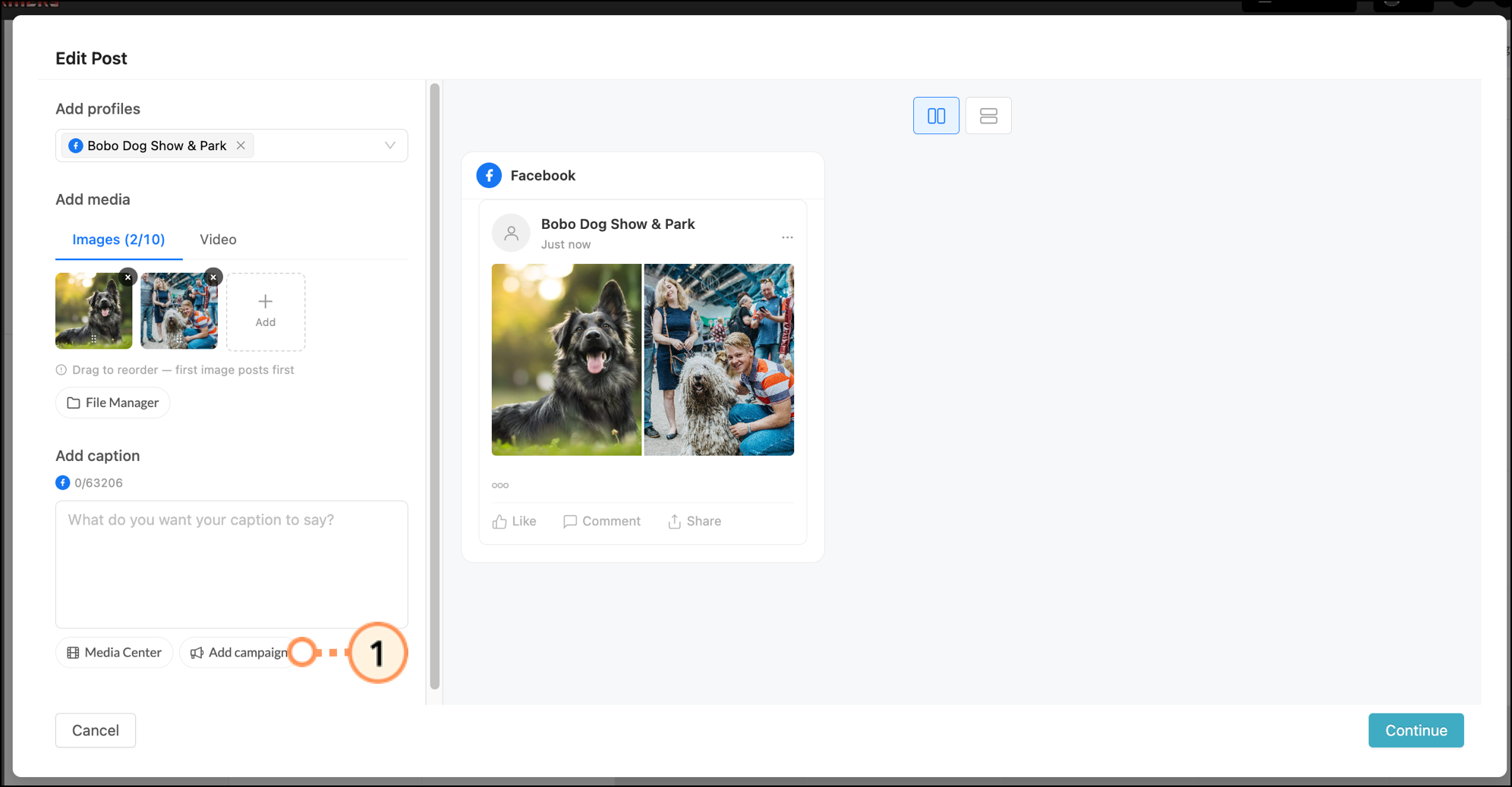 Edit Post pop-up Add campaign button