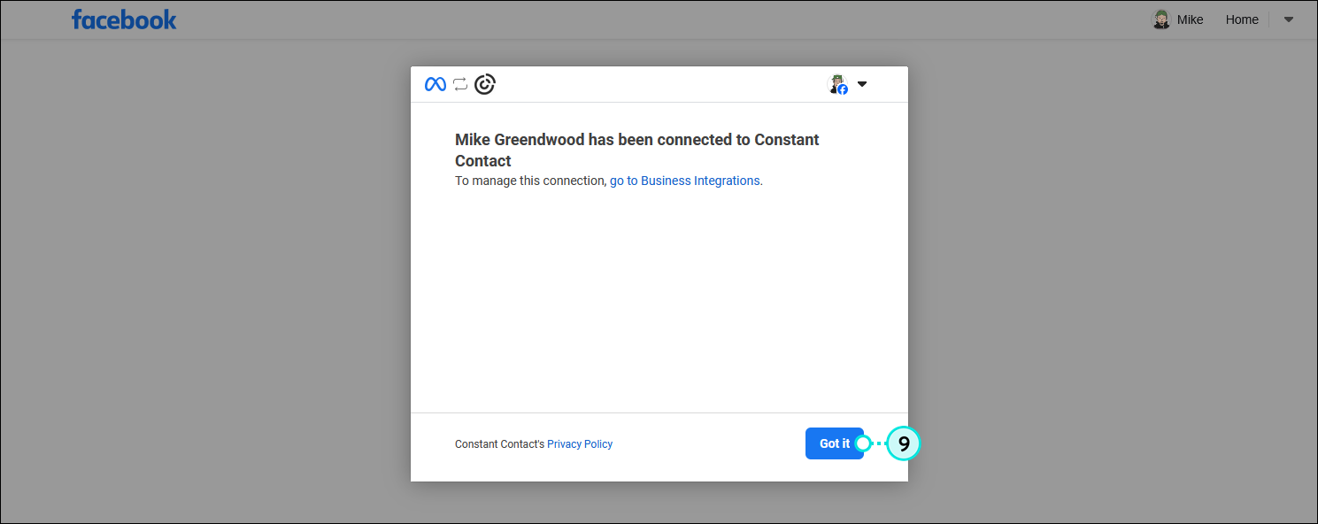 Facebook [Name] has been connected to Constant Contact overlay with Got it button