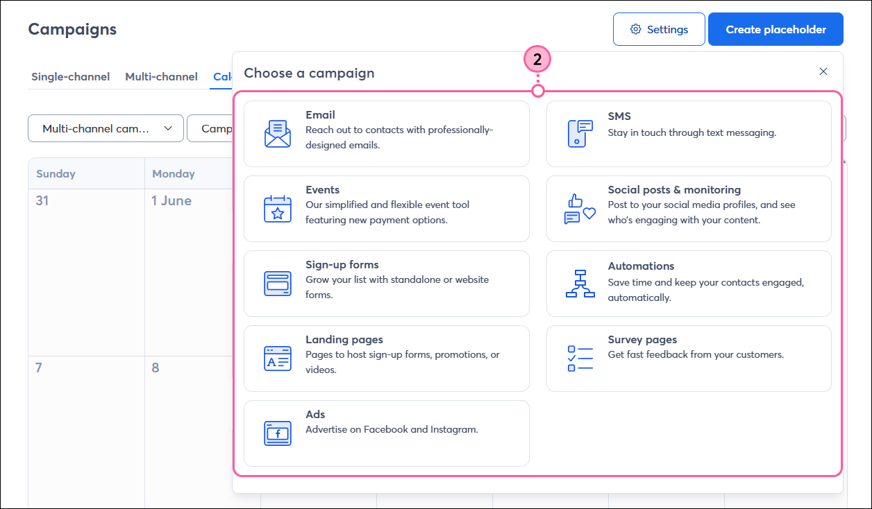Campaign picker with campaign type options