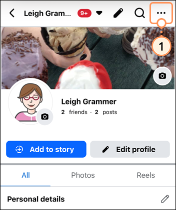 Facebook personal profile on mobile device and menu button