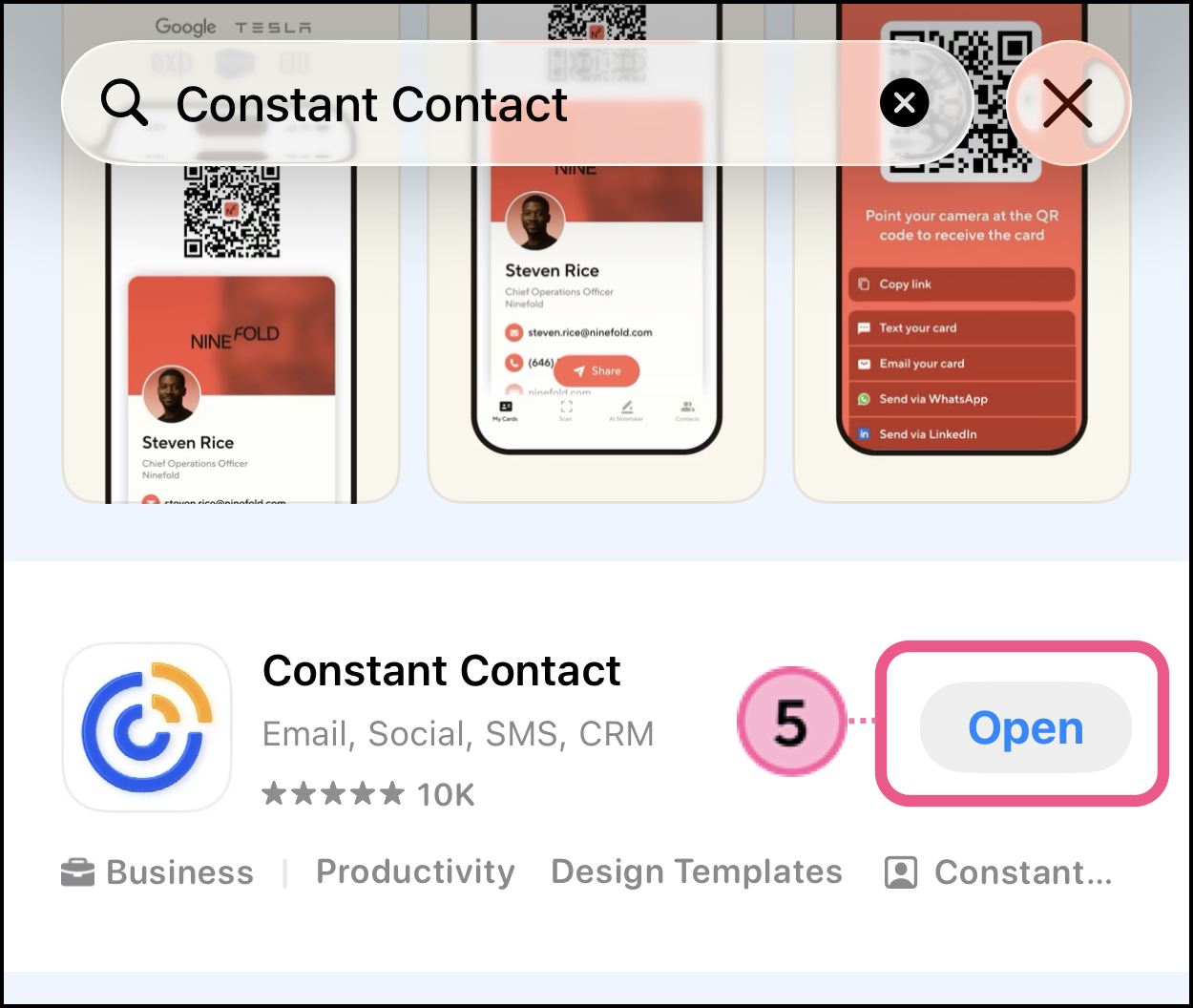 Constant Contact OPEN button