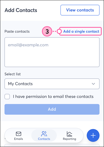 Constant Contact on mobile web browser, Add Contacts options, and Add a Single Contact link